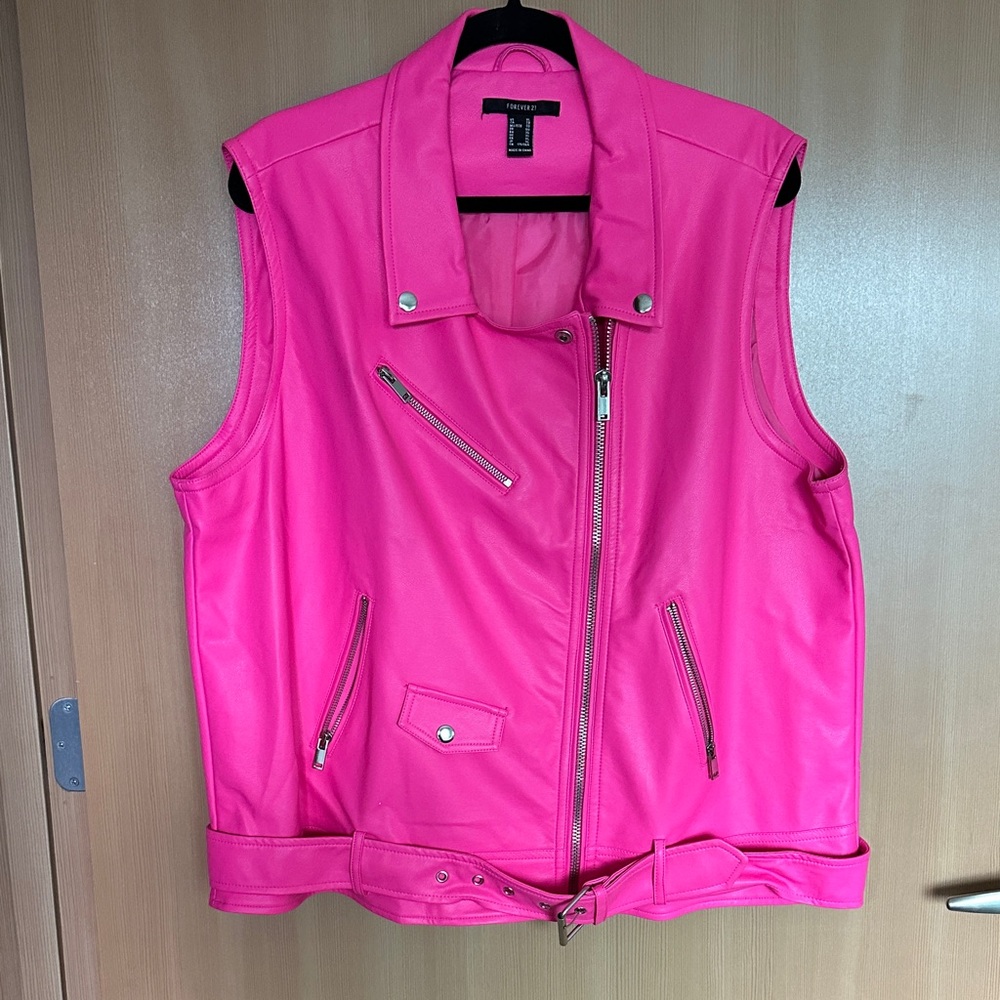 Pink Vegan Leather Sleeveless Biker Jacket with Pockets